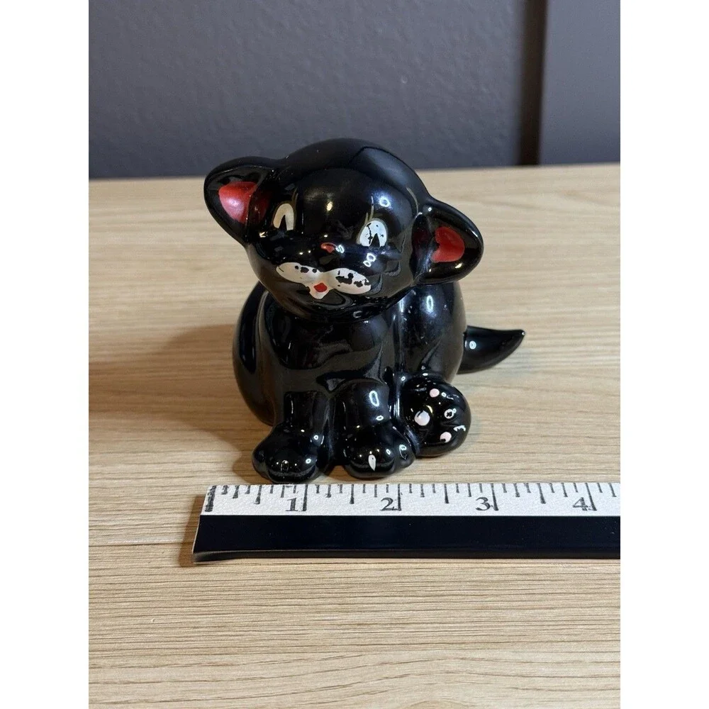 Vtg Redware Black Cat Figurine Candle Holder Kitschy Japan MCM Big Eye Halloween